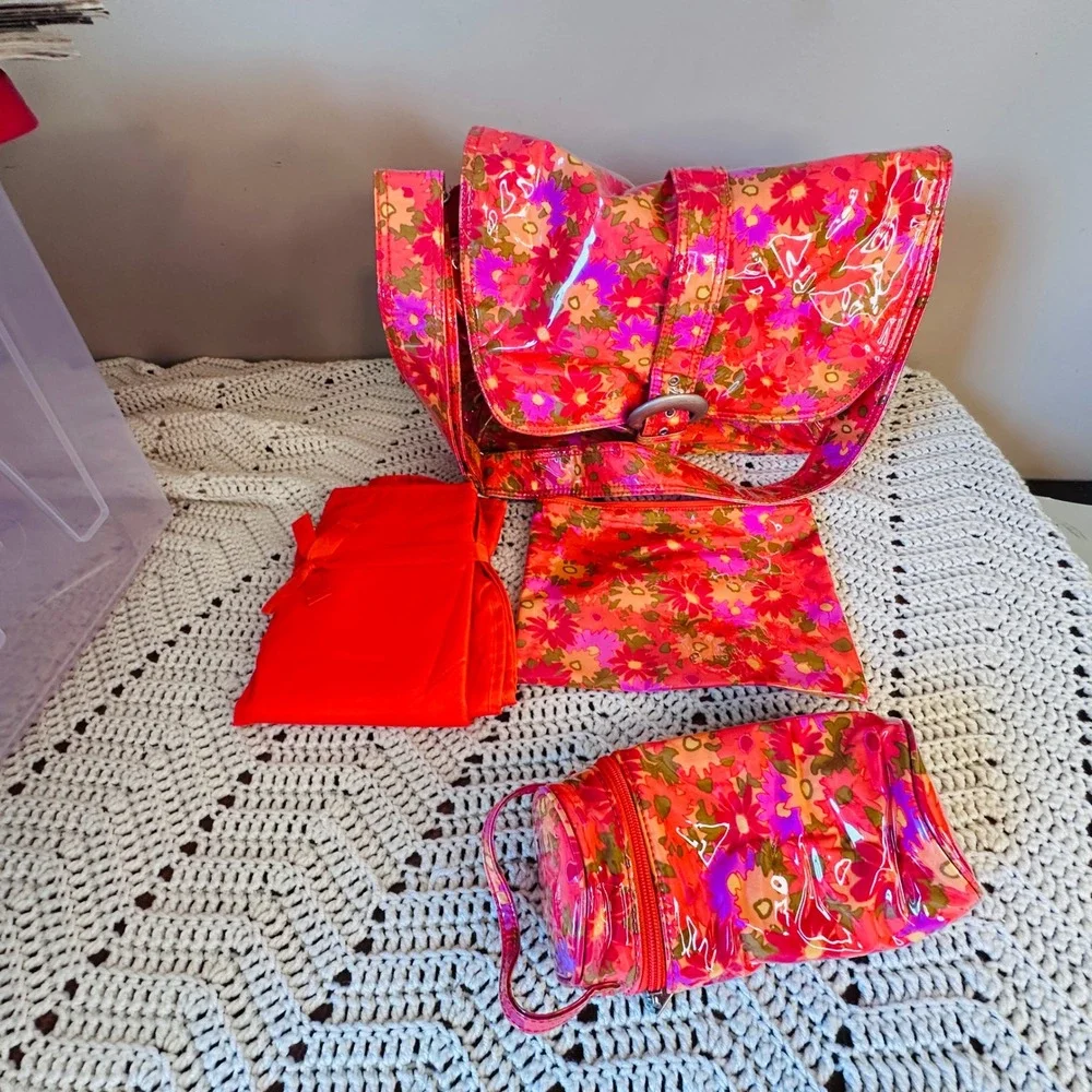 Floral Vinyl Diaper Bag Set Messenger Pouch Changing Pad Pink Orange Retro 4pc